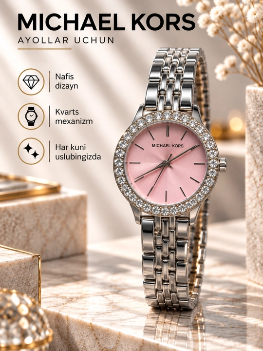Ayollar qo'l soati Michael Kors, kvars mexanizm, dumaloq shaklda, sovg'a qutisida - 