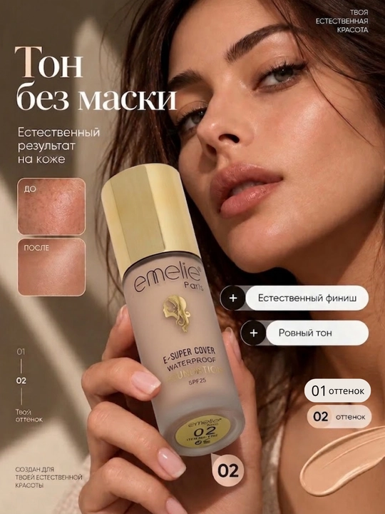 Тональный крем, таналка, Emelie SPF 25, стойкий, матовый эффект и ровное покрытие - 