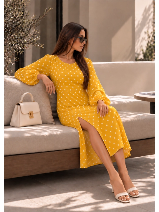 Женское платье миди с длинными рукавами и разрезом, приталенное, S–M