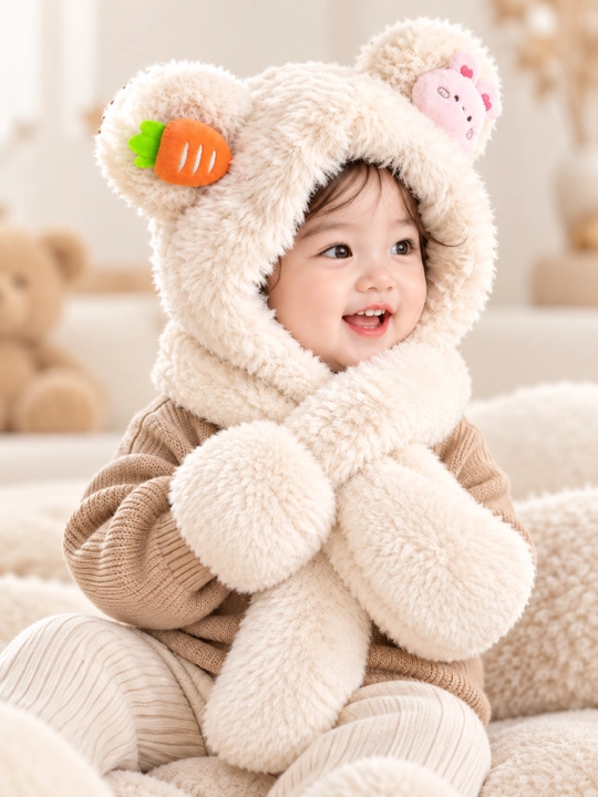 Bolalar uchun plush shapka-sharf, issiq qishki, quloqli, 6 oy–4 yosh