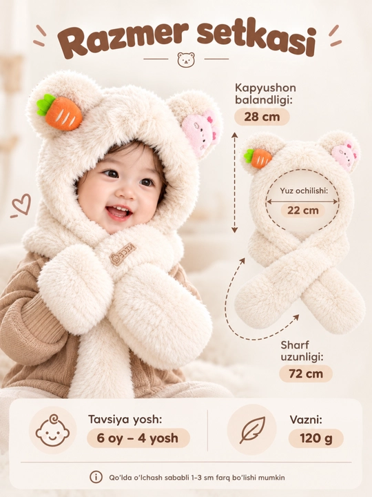 Bolalar uchun plush shapka-sharf, issiq qishki, quloqli, 6 oy–4 yosh