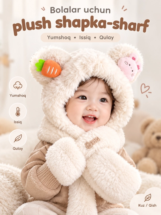Bolalar uchun plush shapka-sharf, issiq qishki, quloqli, 6 oy–4 yosh - 