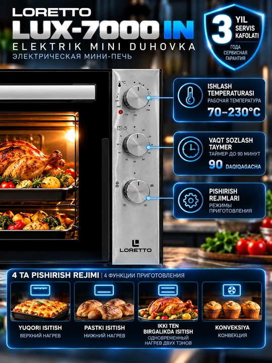 LORETTO LUX-7000IN – электродуховка, мини-печь, термостат, таймер, конвекция, 70 л