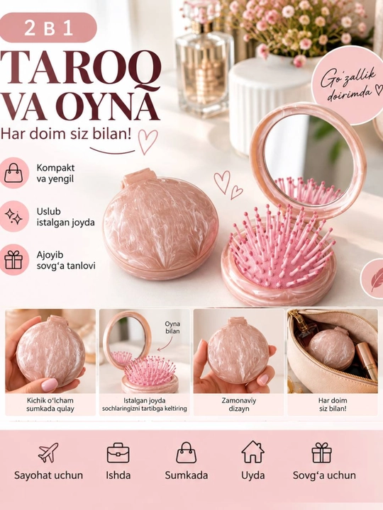 Cho‘ntak taroq oyna 2si 1da, ixcham soch taragich, ayollar uchun mini taroq,oyna va taroq - 