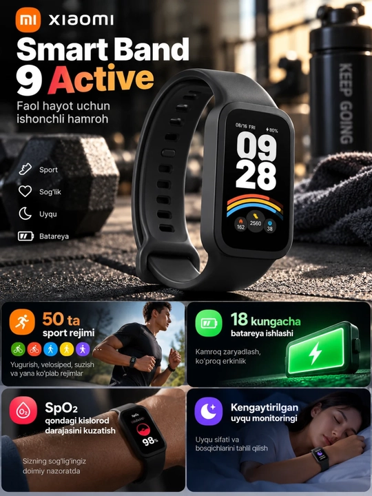 Умные часы Xiaomi Smart Band 9 Active, большой экран 1,47", 50 спортивных режимов - 