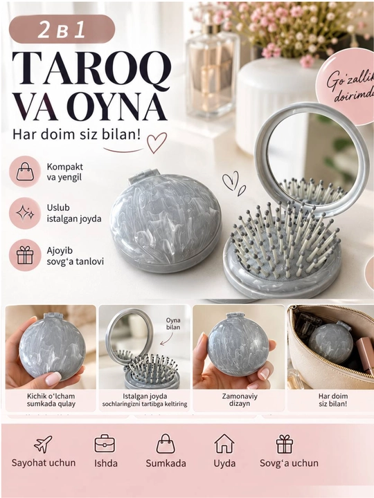 Cho‘ntak taroq oyna 2si 1da, ixcham soch taragich, ayollar uchun mini taroq,oyna va taroq - 