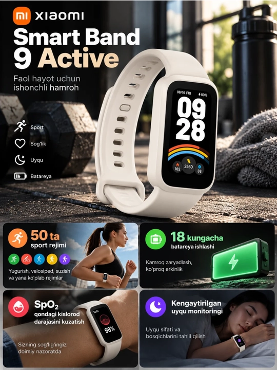 Умные часы Xiaomi Smart Band 9 Active, большой экран 1,47", 50 спортивных режимов - 