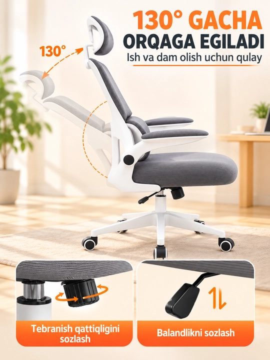 Ergonomik ofis va kompyuter kreslosi, bosh tayanchli, to‘rli suyanchiq