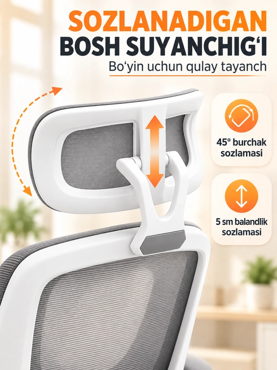 Ergonomik ofis va kompyuter kreslosi, bosh tayanchli, to‘rli suyanchiq
