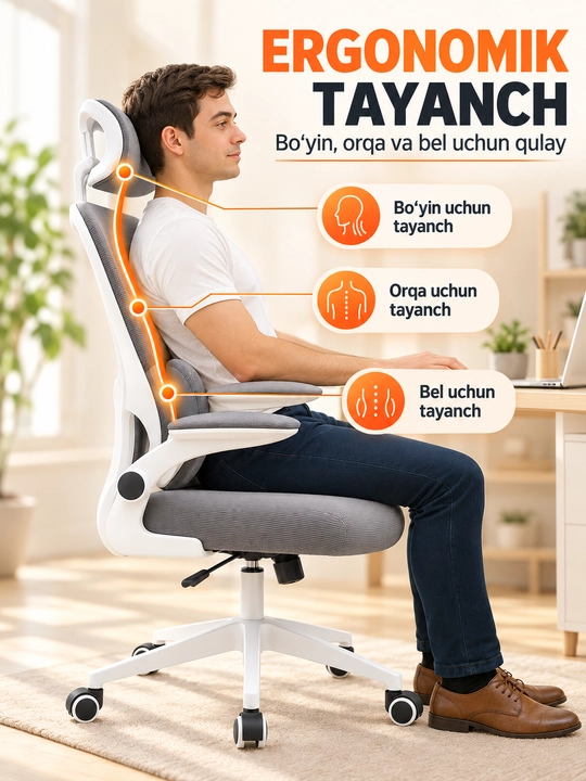 Ergonomik ofis va kompyuter kreslosi, bosh tayanchli, to‘rli suyanchiq