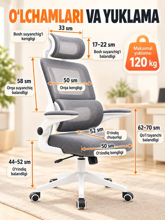 Ergonomik ofis va kompyuter kreslosi, bosh tayanchli, to‘rli suyanchiq