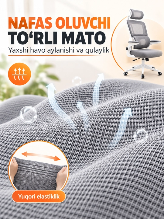 Ergonomik ofis va kompyuter kreslosi, bosh tayanchli, to‘rli suyanchiq
