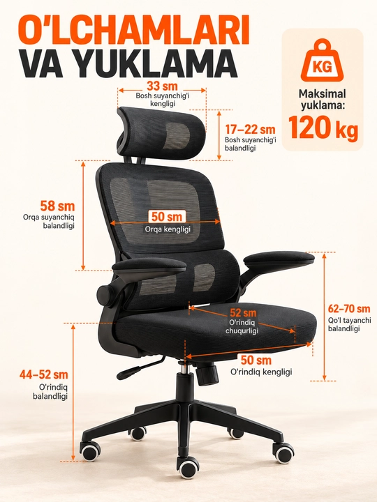 Ergonomik ofis va kompyuter kreslosi, bosh tayanchli, to‘rli suyanchiq