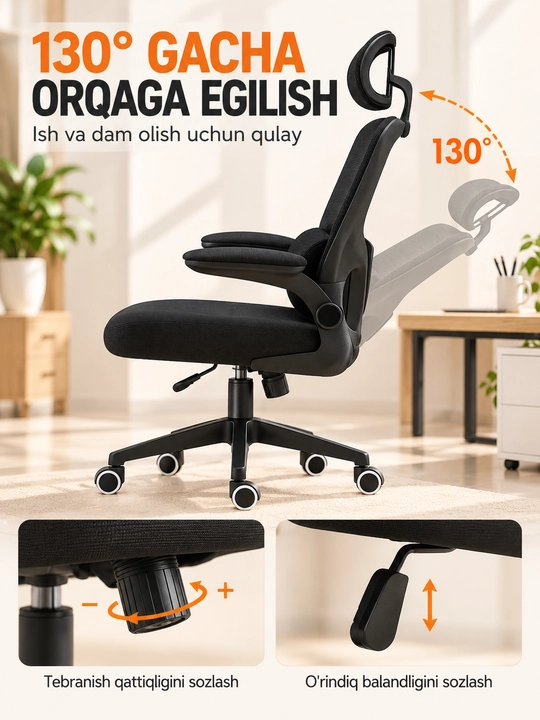 Ergonomik ofis va kompyuter kreslosi, bosh tayanchli, to‘rli suyanchiq