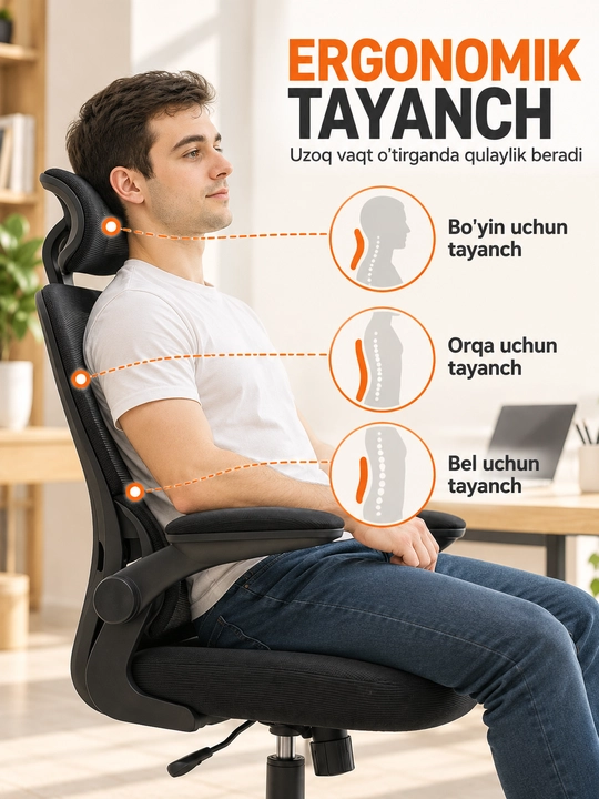 Ergonomik ofis va kompyuter kreslosi, bosh tayanchli, to‘rli suyanchiq