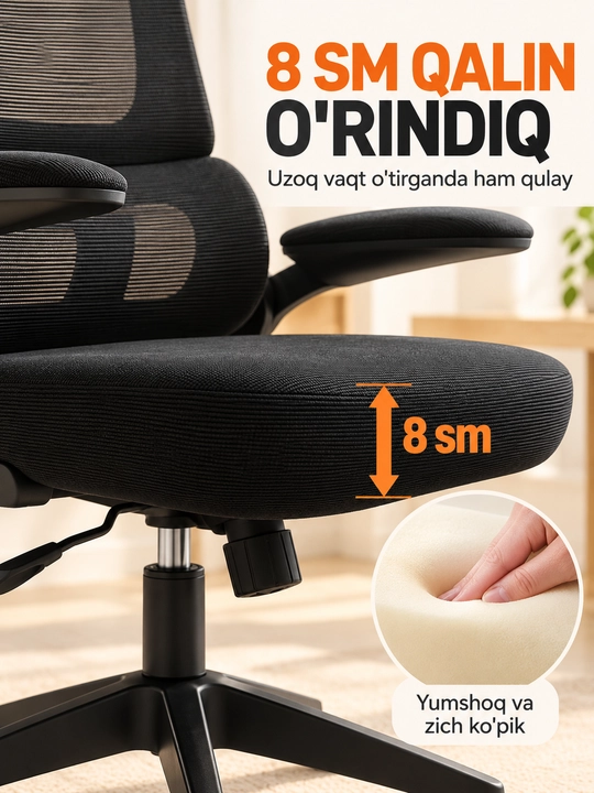 Ergonomik ofis va kompyuter kreslosi, bosh tayanchli, to‘rli suyanchiq