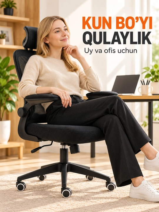 Ergonomik ofis va kompyuter kreslosi, bosh tayanchli, to‘rli suyanchiq