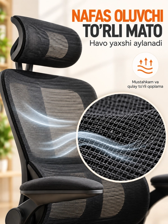 Ergonomik ofis va kompyuter kreslosi, bosh tayanchli, to‘rli suyanchiq