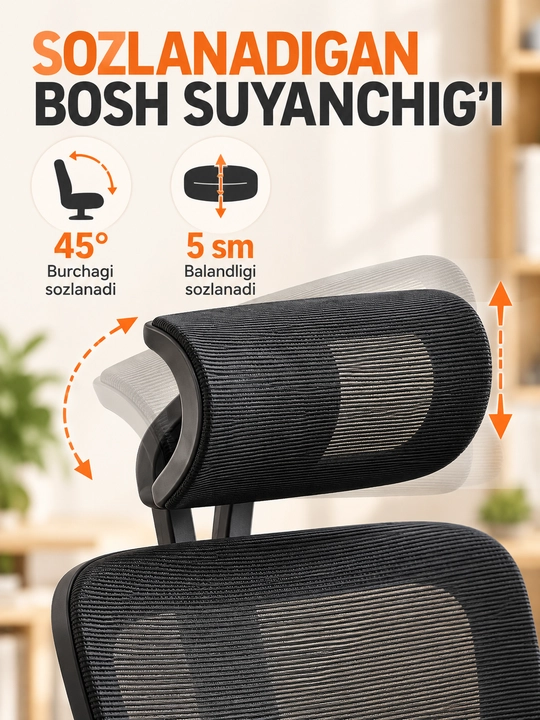Ergonomik ofis va kompyuter kreslosi, bosh tayanchli, to‘rli suyanchiq