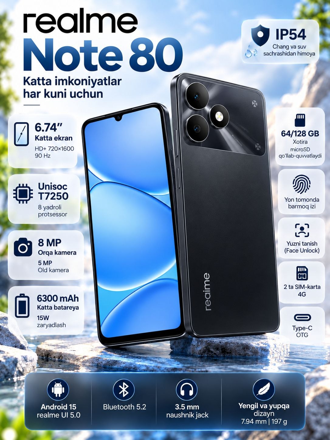 Телефон Realme Note 80 4/64 - 4/128 ГБ, 6.74", 90 Гц, 6300 мАч - 