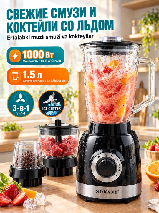 Блендер SOKANY SK-JB-178 1000Вт,1,5л,3 чаши,измельчение мяса,колка льда,смузи - 