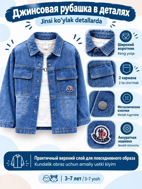 Детский комплект для мальчика 2-в-1, джинсовая рубашка-куртка + лонгслив