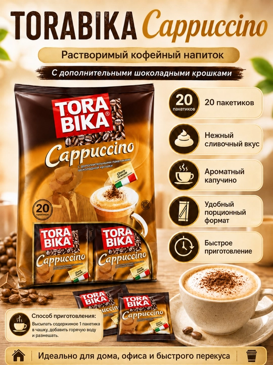 Torabika Cappuccino — растворимый кофейный напиток, 20 пакетиков - 