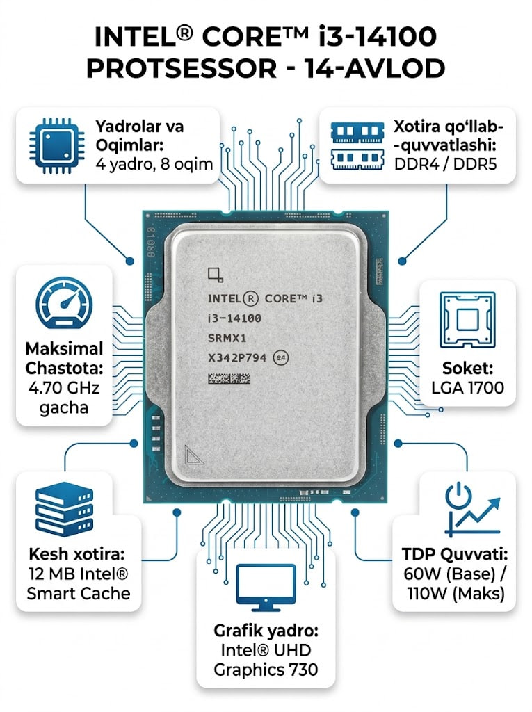 Protsessor Intel Core i3-14100, LGA1700, 4 yadro, 8 oqim, 4.7 GHz, DDR4/DDR5, UHD 730, PK - 
