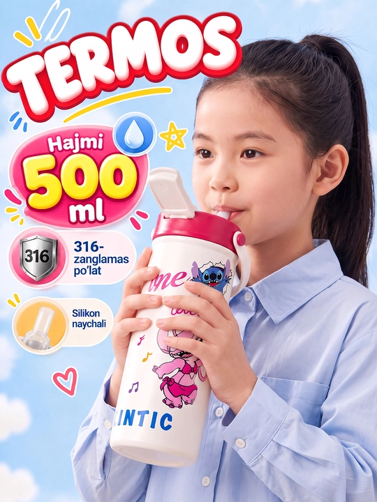 Termos, bolalar termoslari, zanglamaydigan polatdaSUS316, termoslar, trubochkali, Stitch termos