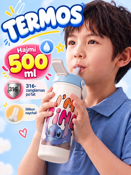 Termos, bolalar termoslari, zanglamaydigan polatdaSUS316, termoslar, trubochkali, Stitch termos
