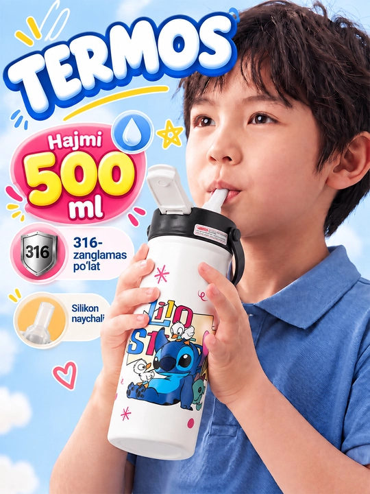 Termos, bolalar termoslari, zanglamaydigan polatdaSUS316, termoslar, trubochkali, Stitch termos