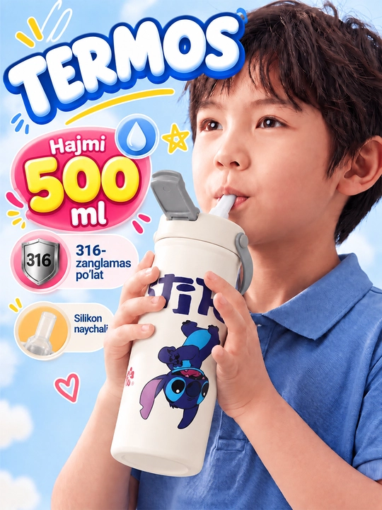 Termos, bolalar termoslari, zanglamaydigan polatdaSUS316, termoslar, trubochkali, Stitch termos