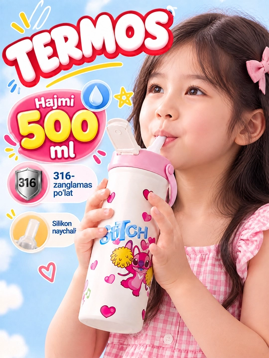 Termos, bolalar termoslari, zanglamaydigan polatdaSUS316, termoslar, trubochkali, Stitch termos