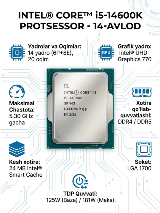 Intel Core i5-14600K protsessori, LGA 1700, 14 yadro, 20 oqim, 5.3 GGs gacha, DDR4/DDR5 - 