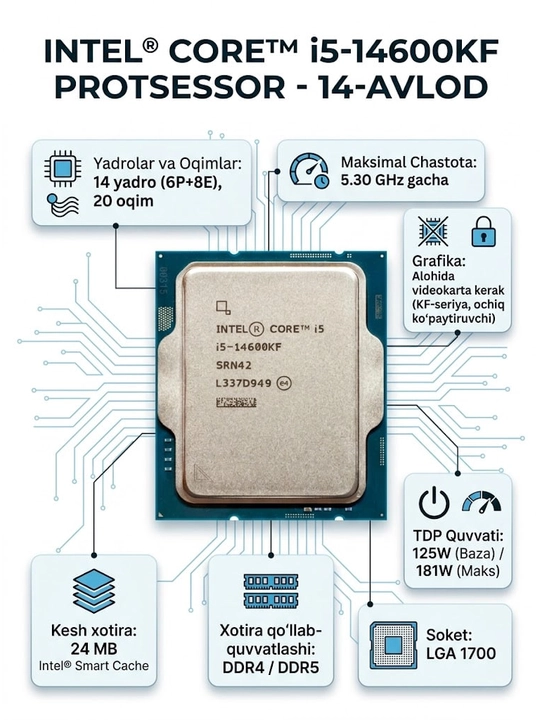 Процессор Intel Core i5-14600KF, LGA 1700, 14 ядер, 20 потоков, до 5.3 ГГц, DDR4/DDR5 - 