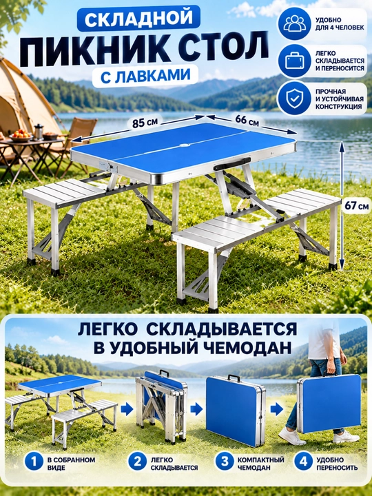 Piknik stoli 4 kishilik, o‘rindiqli yig‘iladigan stol, sayohat va camping uchun