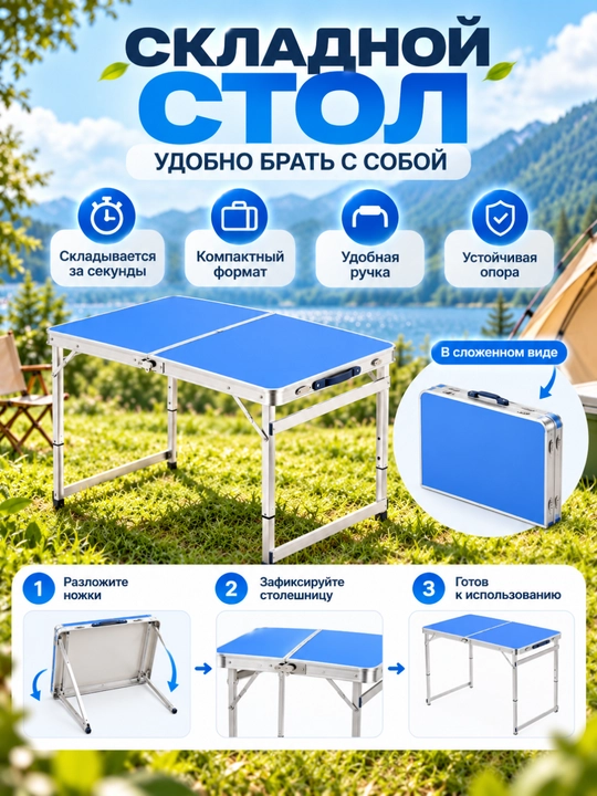 Piknik stoli 4 kishilik, o‘rindiqli yig‘iladigan stol, sayohat va camping uchun - 