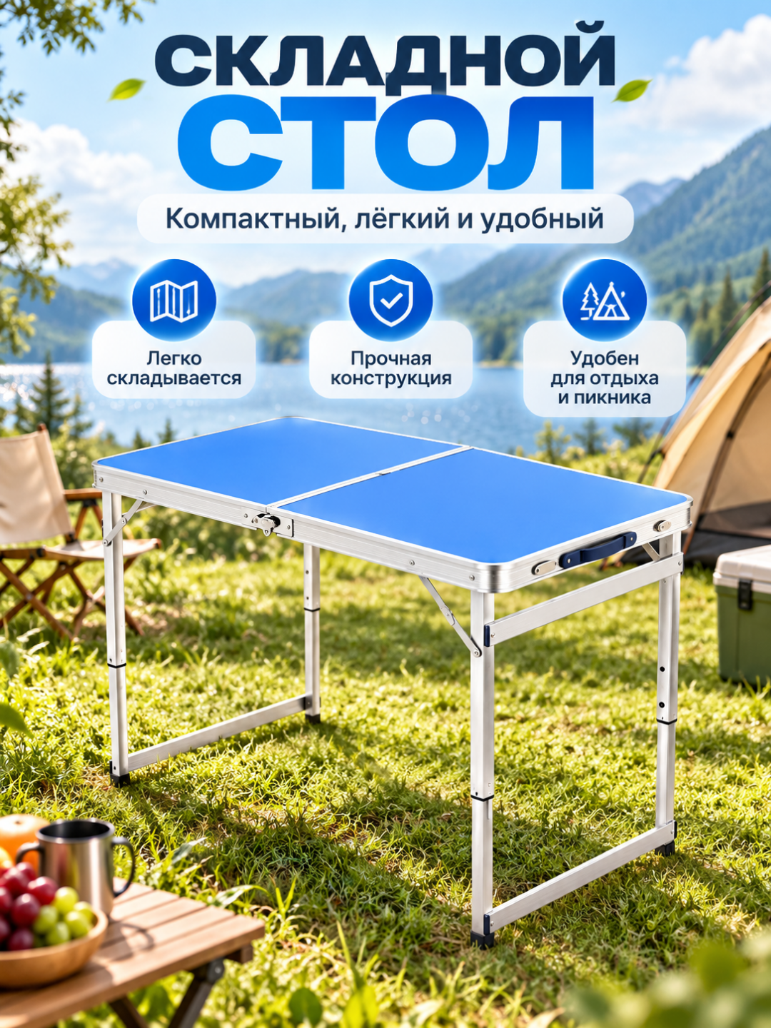Piknik stoli 4 kishilik, o‘rindiqli yig‘iladigan stol, sayohat va camping uchun