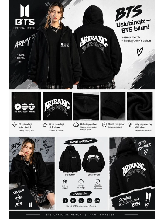 BTS uslubidagi qora oversize xudi arirang - 