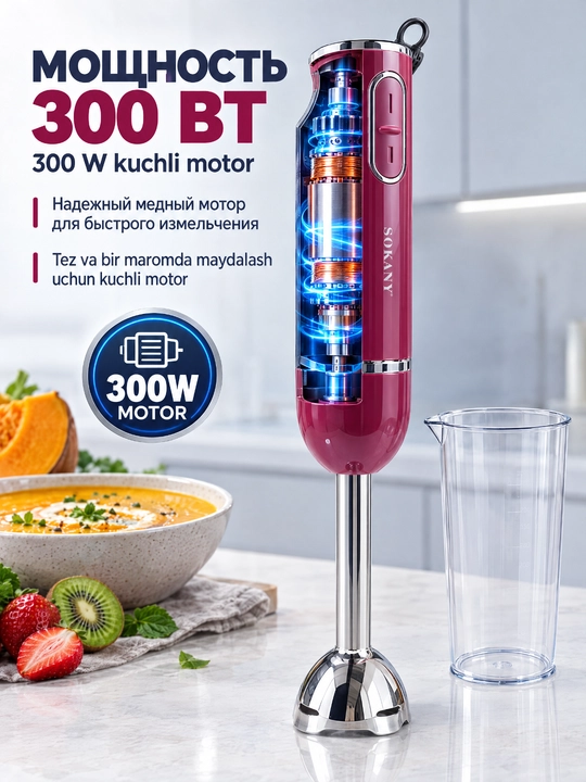SOKANY SK-1726 immersion qoʻl blender 300Vt, 2 tezlik, bolalar pyuresi va kokteyl uchun - 