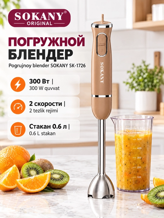 SOKANY SK-1726 immersion qoʻl blender 300Vt, 2 tezlik, bolalar pyuresi va kokteyl uchun - 