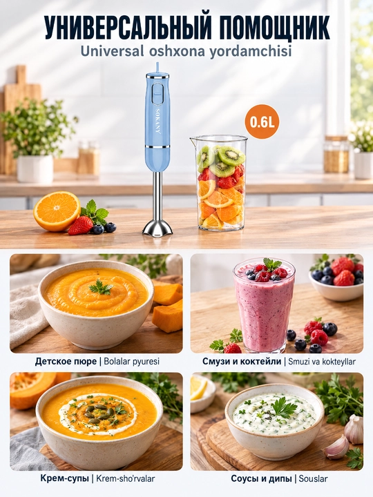 SOKANY SK-1726 immersion qoʻl blender 300Vt, 2 tezlik, bolalar pyuresi va kokteyl uchun