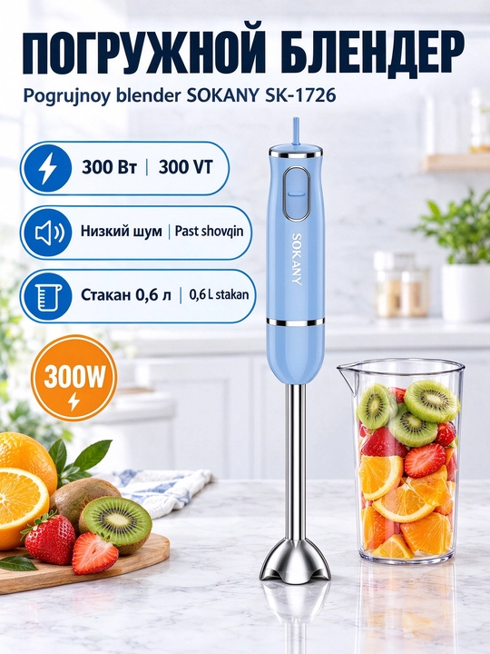 Погружной блендер SOKANY SK-1726, 300 Вт, 2 скорости, для пюре и коктейлей - 