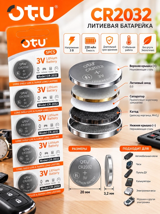 OTU CR2032 3V litiy batareyalar, 5 dona