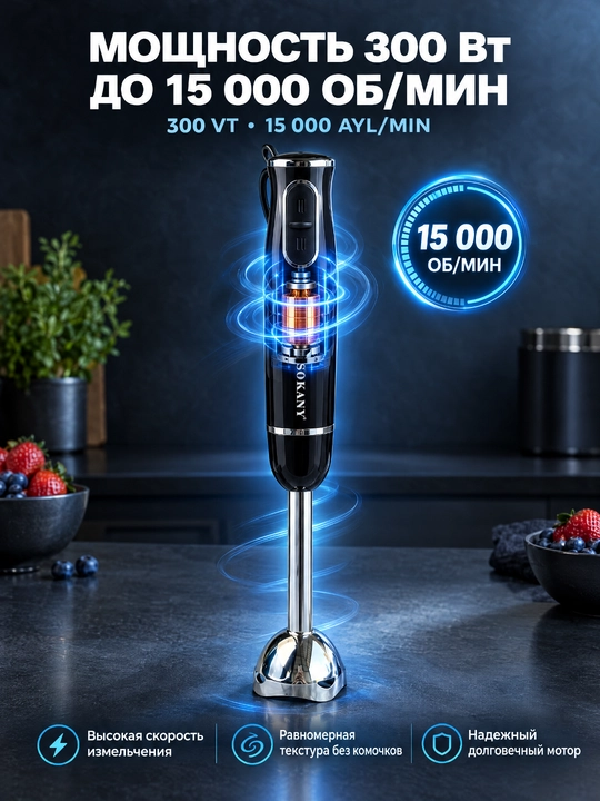 SOKANY SK-1726 immersion qoʻl blender 300Vt, 2 tezlik, bolalar pyuresi va kokteyl uchun