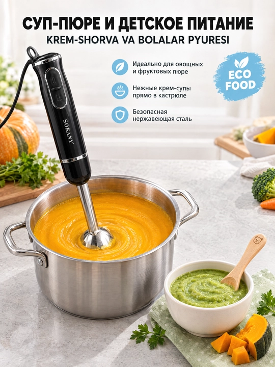 SOKANY SK-1726 immersion qoʻl blender 300Vt, 2 tezlik, bolalar pyuresi va kokteyl uchun