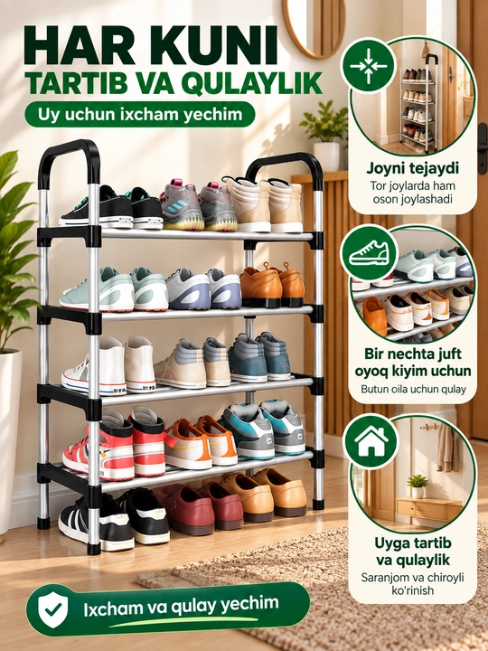 Poyabzal javoni kiyim uchun javon ko‘p qavatli, kiyim ilgichli