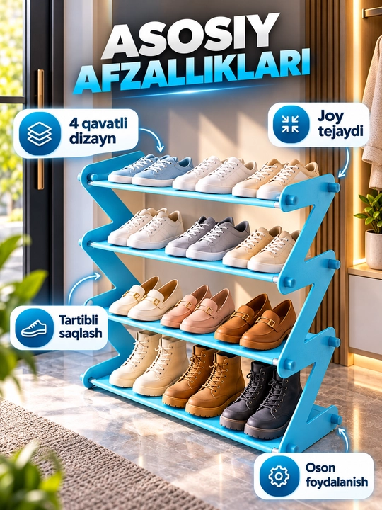 Poyabzal javoni kiyim uchun javon ko‘p qavatli, kiyim ilgichli