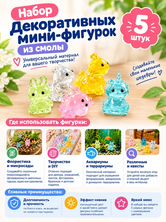 Porloq smolali hayvonchalar, ijod va dekor uchun to‘plam, 5 dona - 