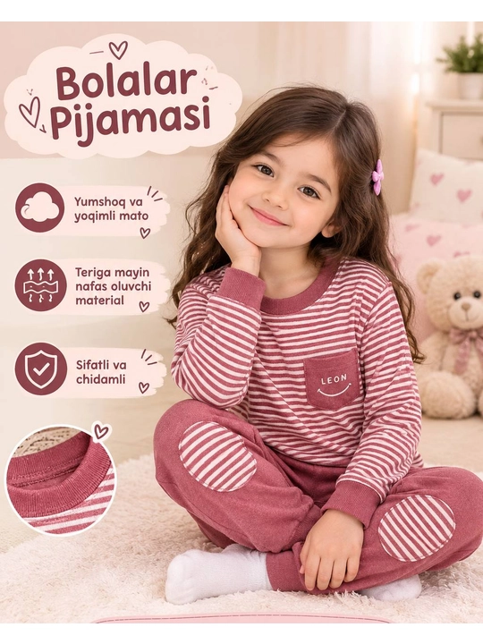 Bolalar pijamasi, qizlar pijamasi, uyqu kiyimi, 100% paxta - 